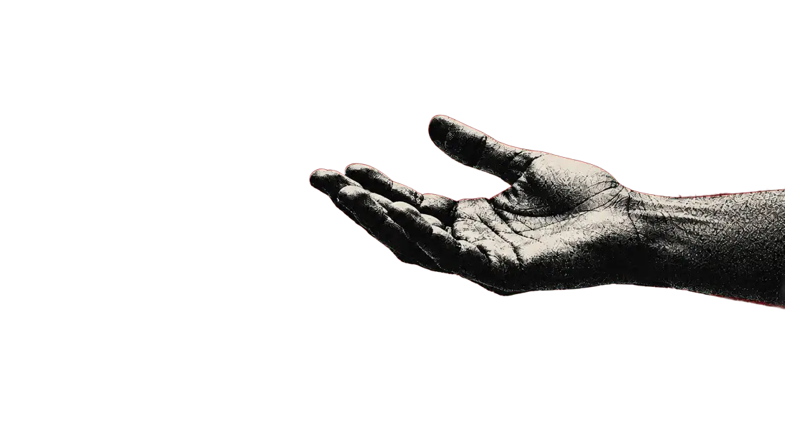 Una mano abierta, con la palma hacia arriba, que se extiende desde la derecha.
