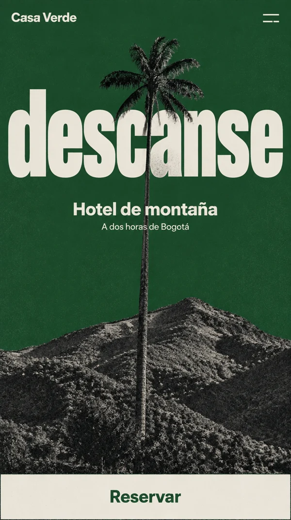 Diseño de muestra para un hotel de montaña: sobre fondo verde, la palabra descanse, una palma alta frente a una montaña, el texto Hotel de montaña y el botón Reservar.
